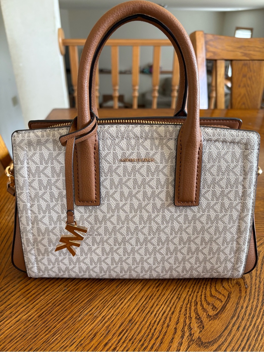 Michael Kors Vanilla Logo Satchel with Acorn Leather Trim